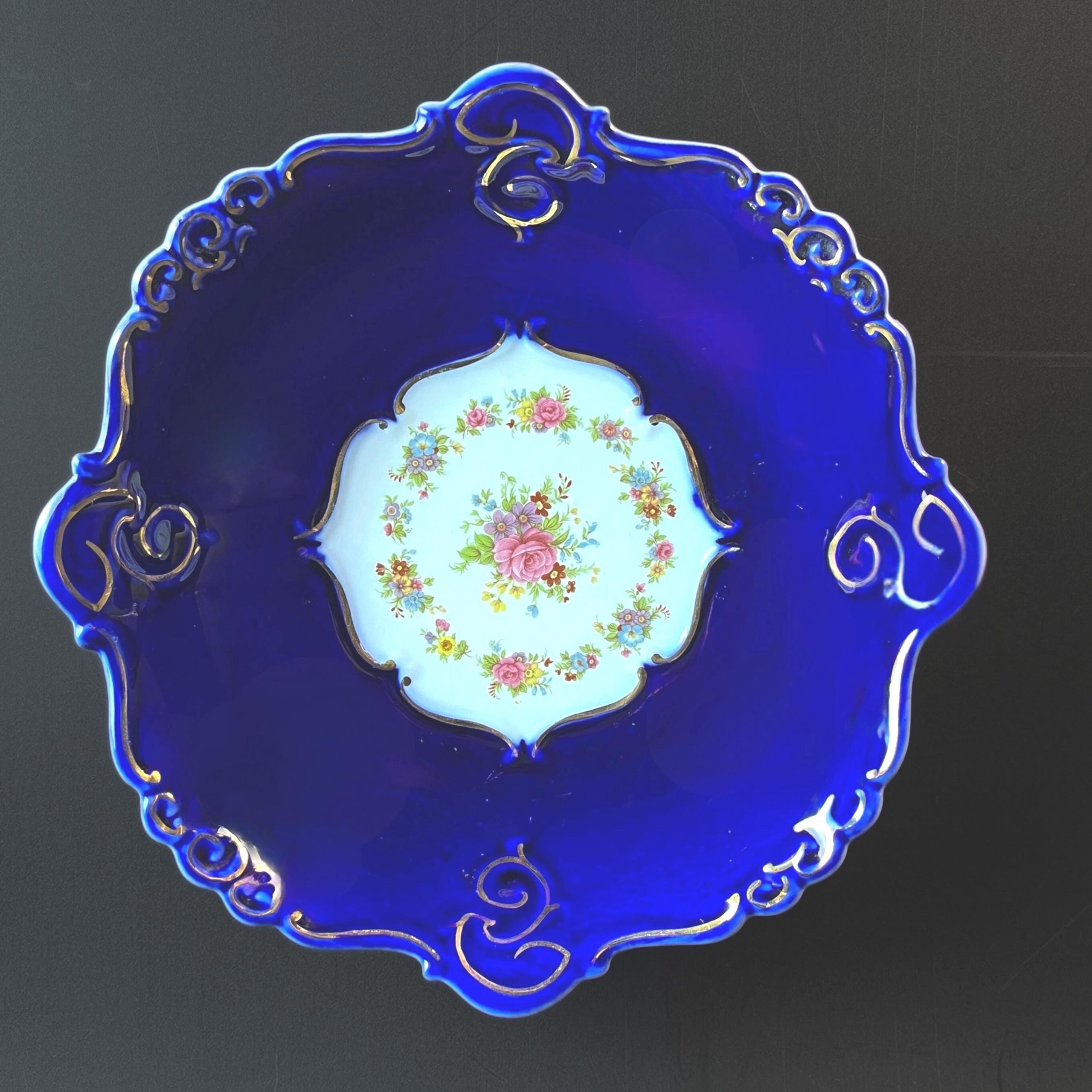 Vintage Cobalt Blue & White Floral Decorative Bowl, Mid Century Porfin Cluj-Napoca Romanian Pottery