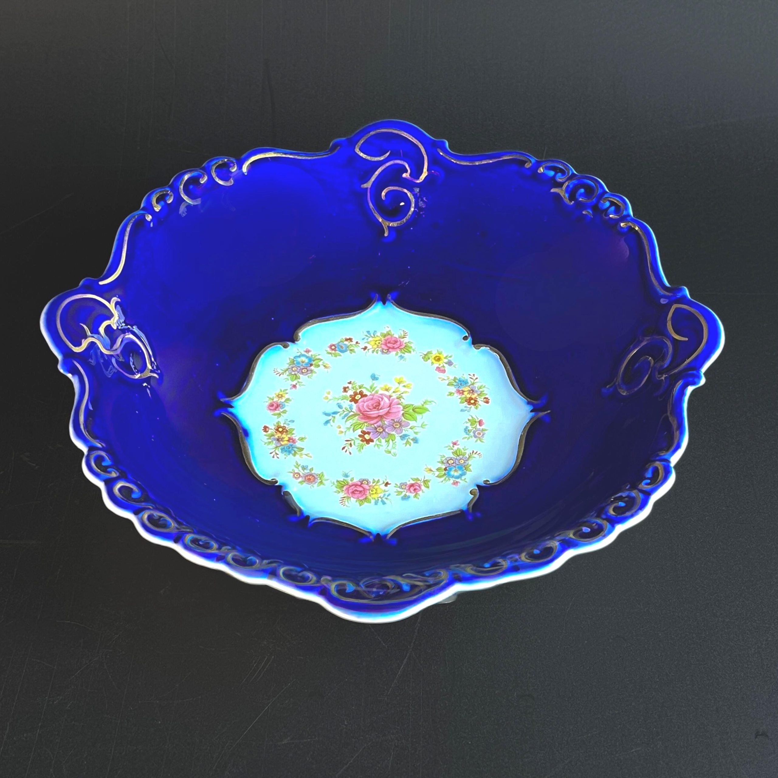 Vintage Cobalt Blue & White Floral Decorative Bowl, Mid Century Porfin Cluj-Napoca Romanian Pottery - Image 4