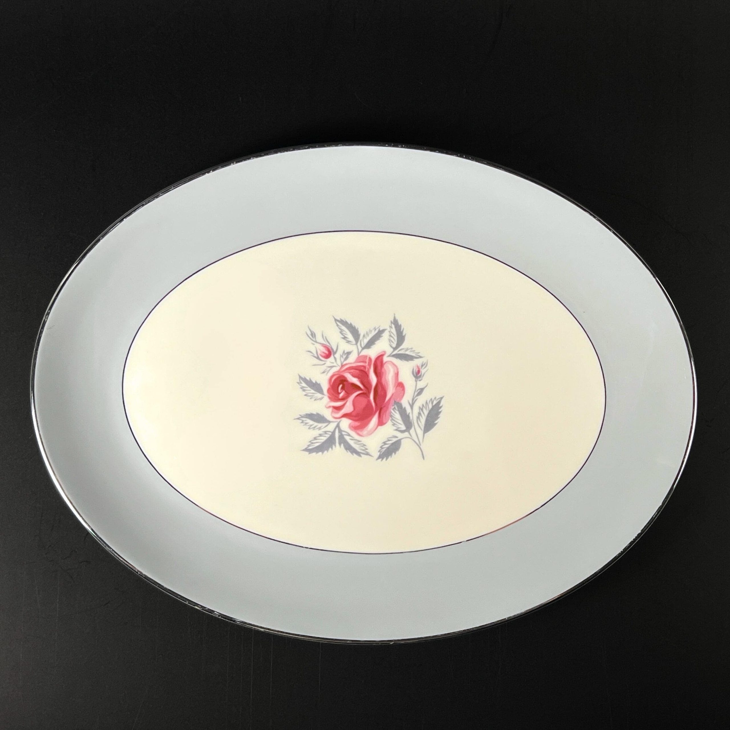 Vintage Flintridge China USA "Miramar" 14 inch Platter with Platinum Trim and Rose Center