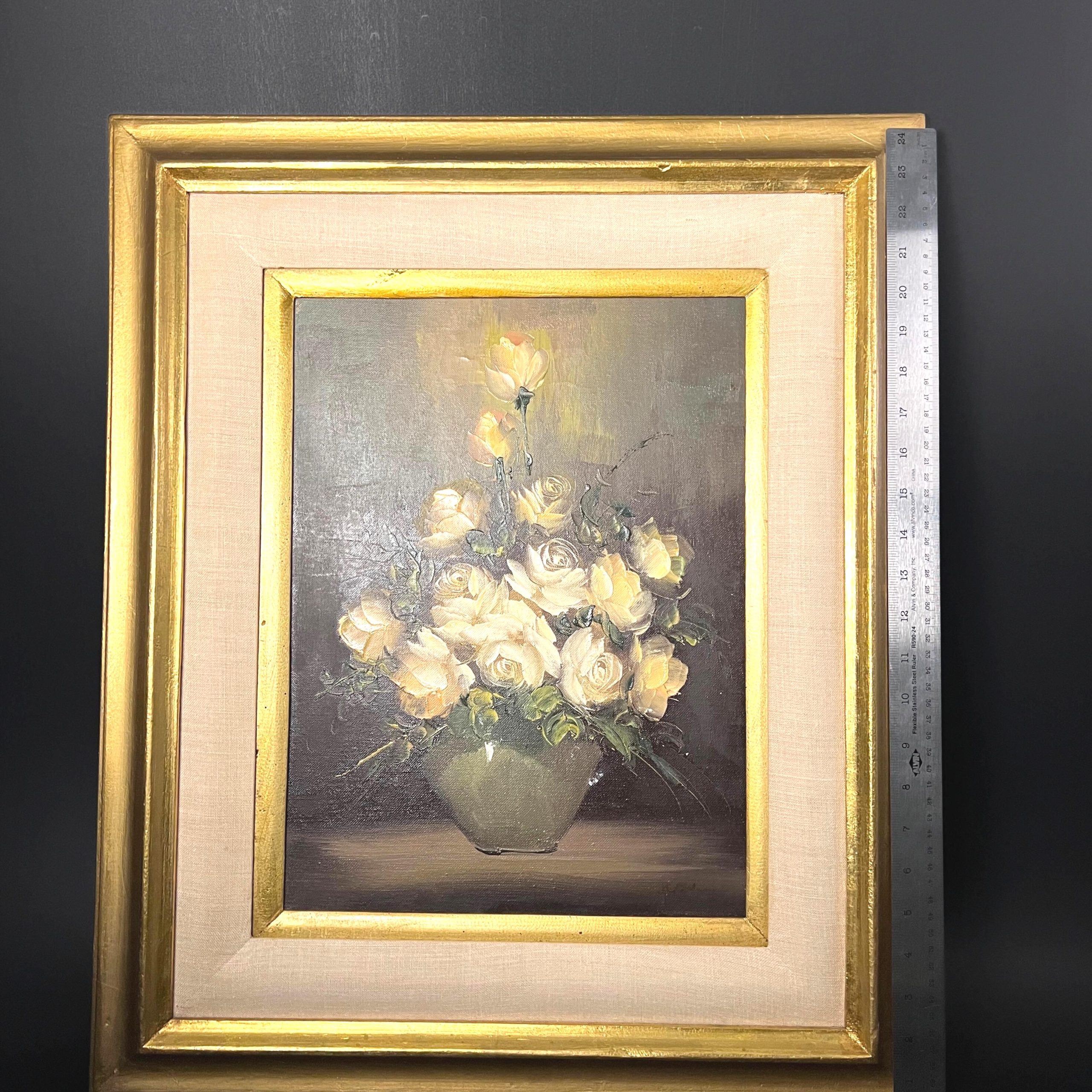 Vintage Floral Oil Painting - Yellow & White Flowers, Ornate Gold Frame - Image 12