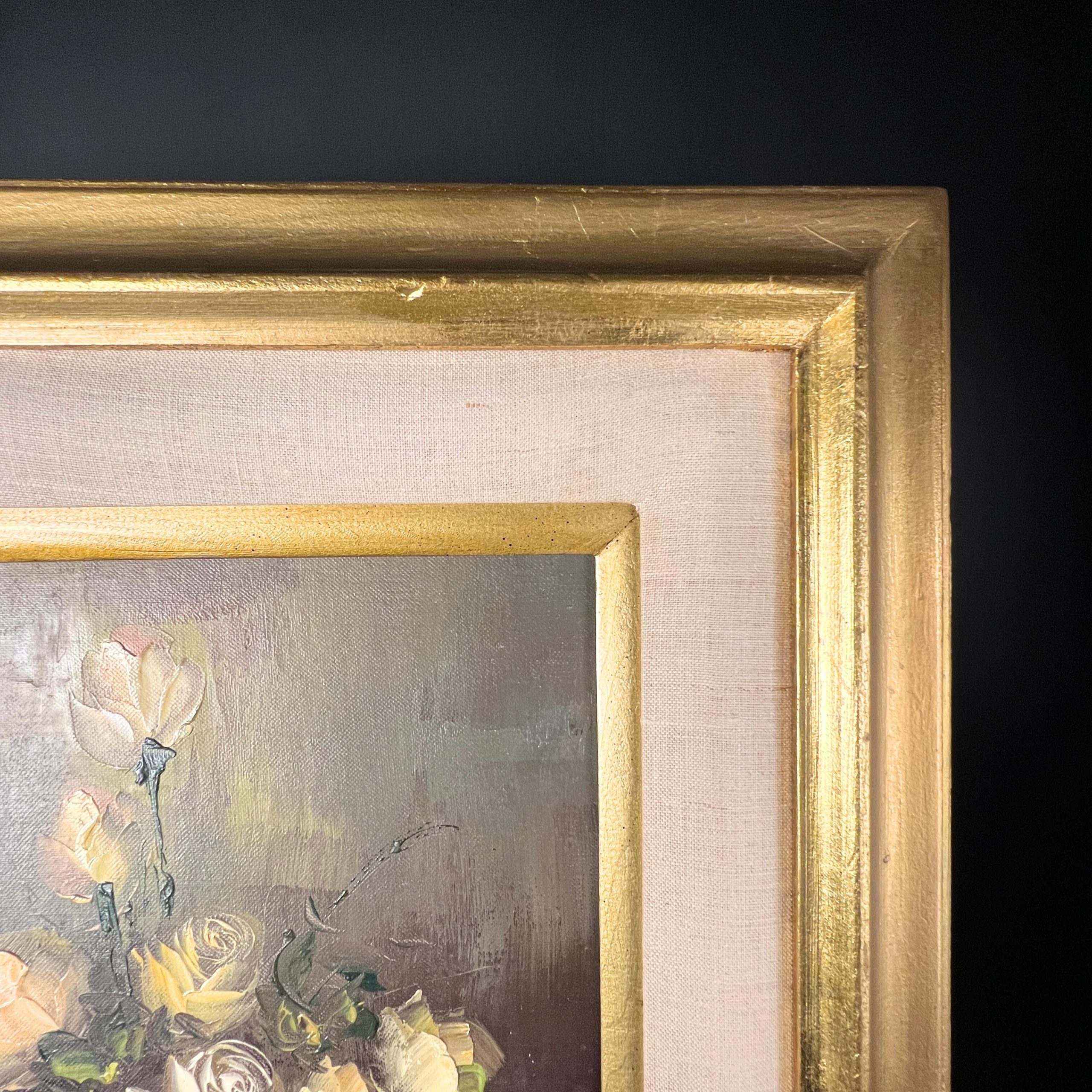 Vintage Floral Oil Painting - Yellow & White Flowers, Ornate Gold Frame - Image 9