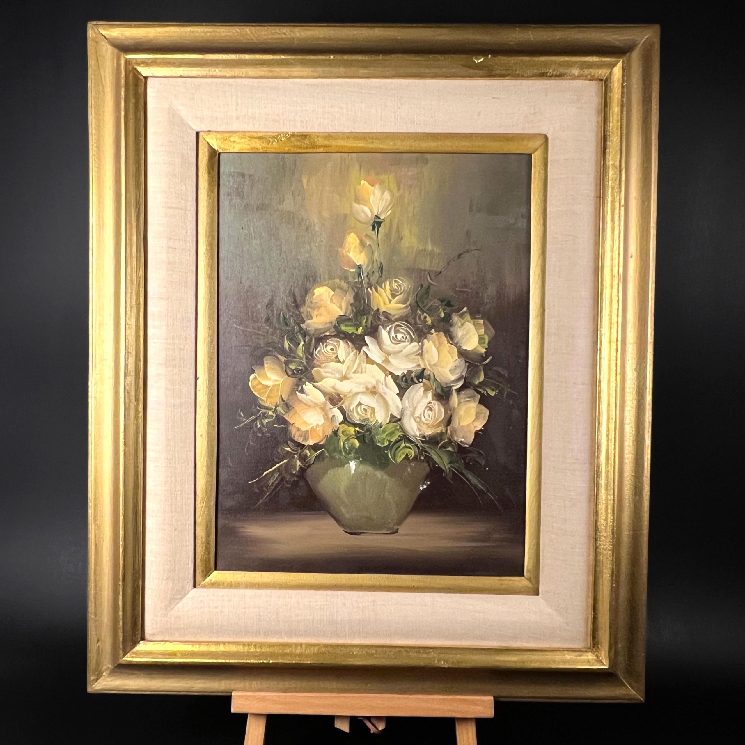 Vintage Floral Oil Painting - Yellow & White Flowers, Ornate Gold Frame - Image 3