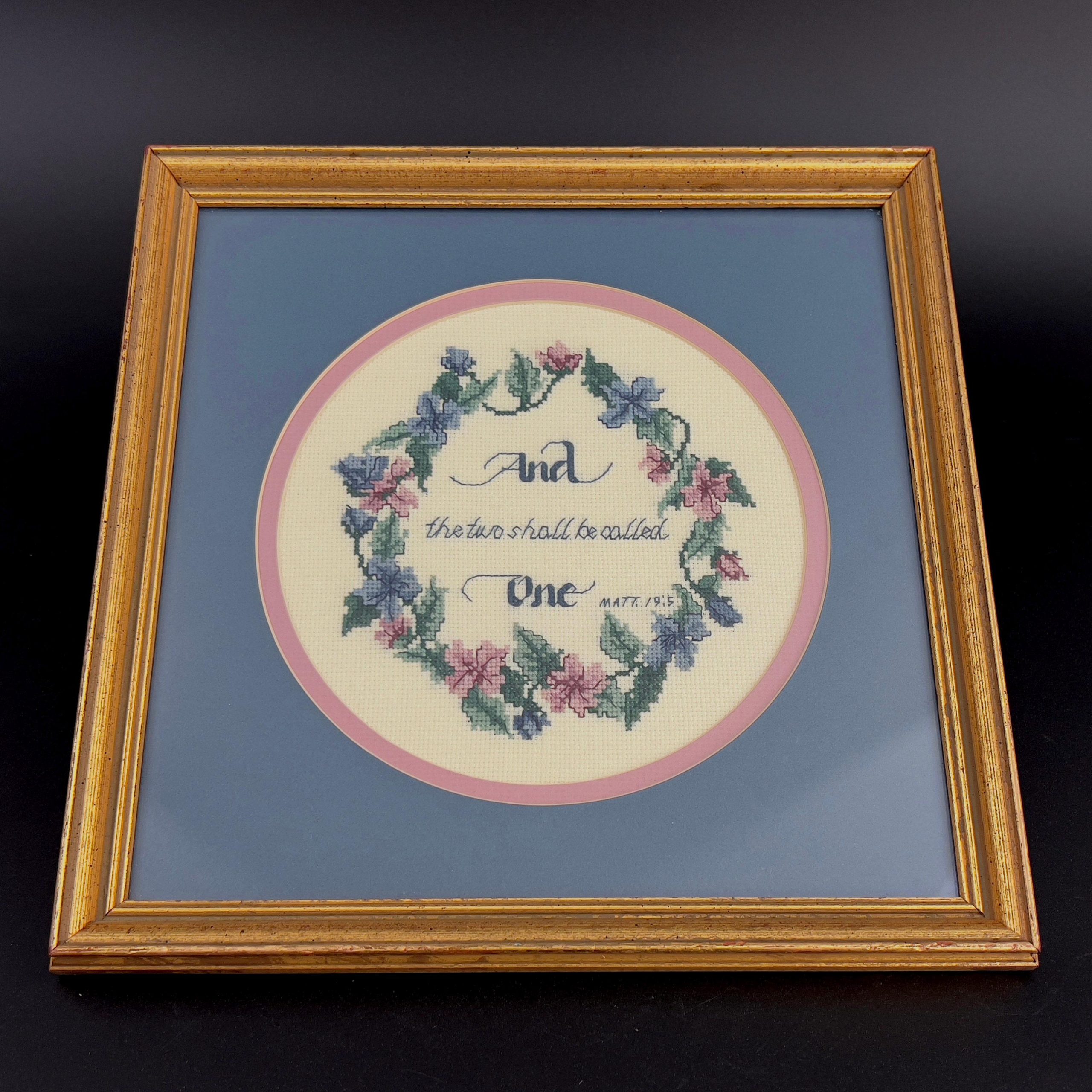 Vintage Framed Needlepoint, Matthew 19:5, Wedding Gift
